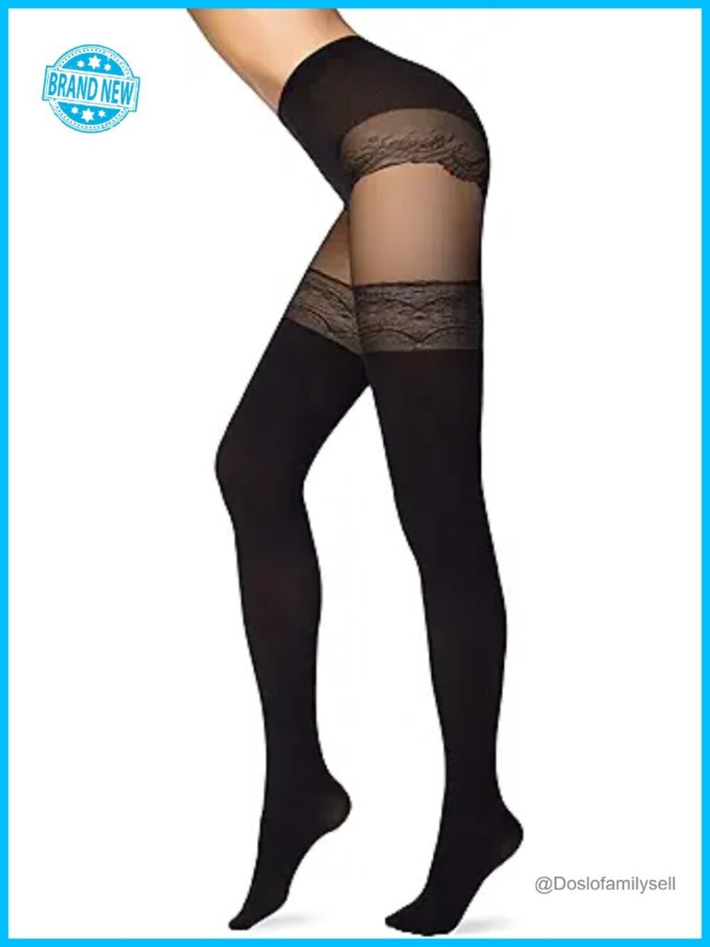 Opaque Tights with Stocking Imitation, Lace Panties Pattern, 50 Den, High Waist